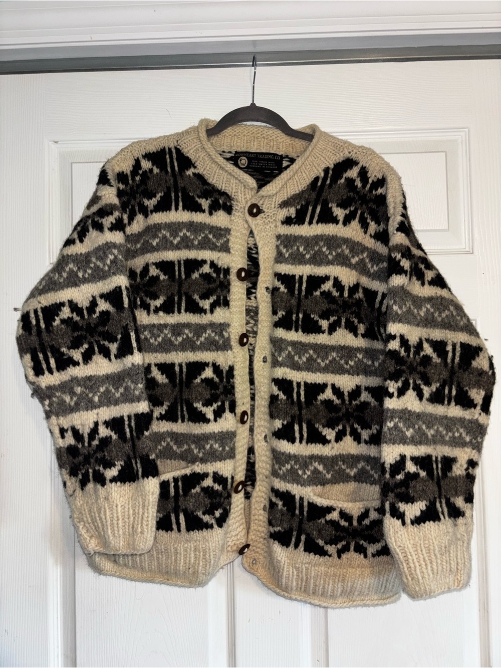100% Virgin Wool Patterned Cardigan Sweater - Cream, Gray & Black